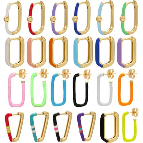 1 Piece Stud Hoop Clip Earrings Enamel Neon Green Yellow Bright Fluorescent Jewelry Geometric Earring Rectangle Piercing Earring