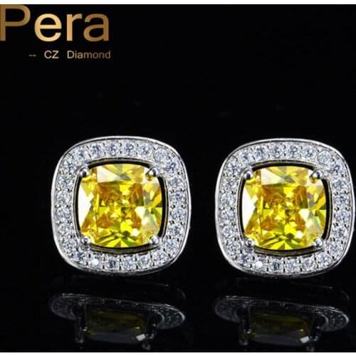 Pera Fashion Ladies Ear Studs Jewelry Big Square Yellow and White Cubic Zirconia Earrings for Women Valentines Day Gift E193