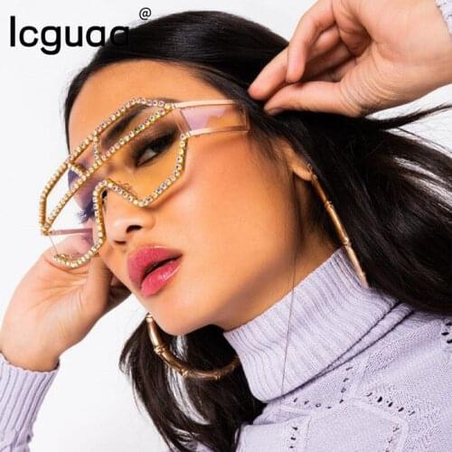 Fashion Oversized Square Diamond Sunglasses Women Luxury Brand Designer One-piece Glasses Metal Rhinestone Eyeglasses oculos