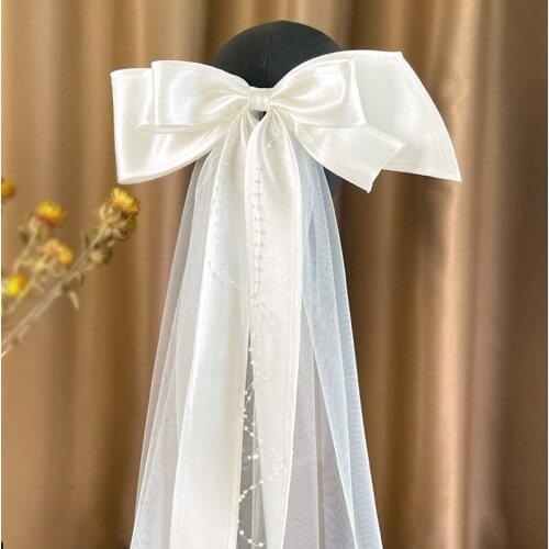 Handmade Satin Bow-Knot Bridal Hiar Clip Headpiece with Veils White Wedding Veil Women Barette Accessories Tiara заколка бант