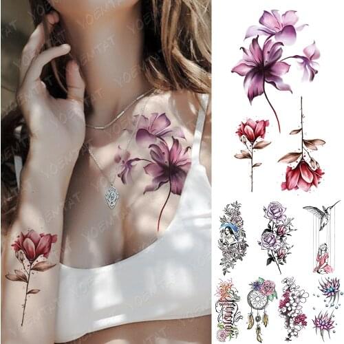Waterproof Temporary Tattoo Sticker Dark Rose Lily Line Flowers Tattoos Girl Bird Lotus Body Art Arm Fake Sleeve Tatoo Women Men