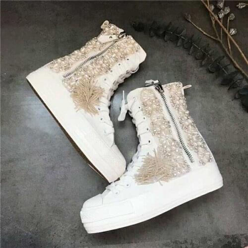 Crystal beaded high top canvas shoes side zipper platform platform canvas shoes luxury handmade shoes