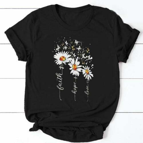 Faith Hope Love Christian Butterfly Daisy T-Shirt S-3Xl