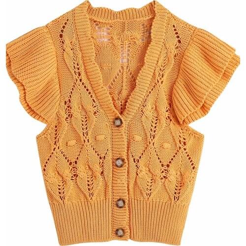 Women fashion v neck cardigan butterfly sleeve twist knitting casual slim sweater female hollow out Single breasted Knitwear top