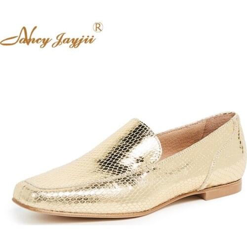 Patent Leather Gold Loafers Snake Color Women Flats Shoes Red Casual Party Office Square Toe Female Autumn Big Foot Size 37 38
