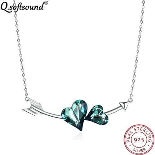 Cupids Arrow 925 Sterling Silver Necklaces For Women Two Hearts Top Grade Crystal Pendant Necklace Jewelry Bijoux Femme QN330
