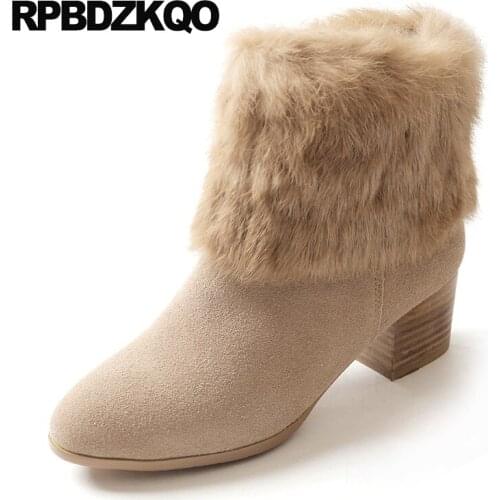 Ladies Winter Elegant Short Booties Genuine Leather Shoes Furry 2017 Real Fur Women Ankle Boots Medium Heel Chunky High New
