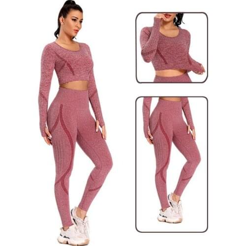 Women Yoga Suit Women Seamless Long Sleeve + High Waist Sport Leggings Gym Clothes Sport Suit Gym Suit Fitness Sets for 2PS