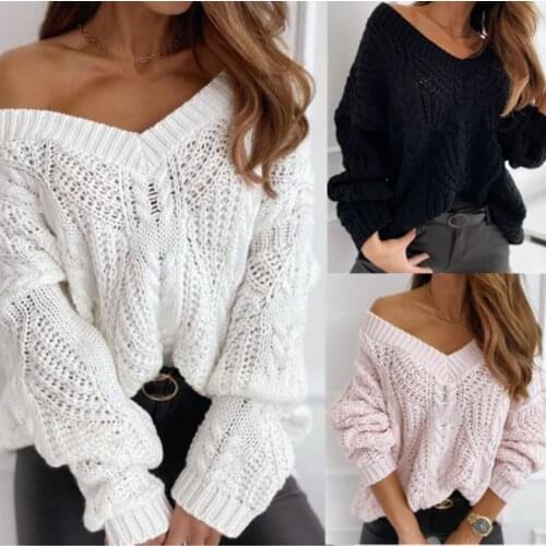 2021 new V-neck lazy temperament loose hollow European and American pullover mohair solid color sweater