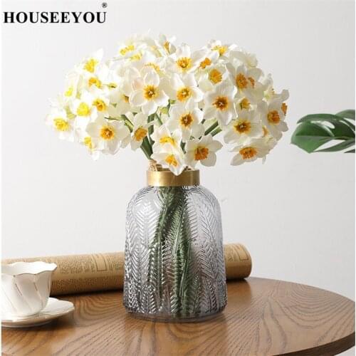 6Pcs/ Fake Flower Bundle Daffodil Orchid White Wedding Bridal Bouquet Mariage DIY Scrapbook Flores Artificiales House Decor