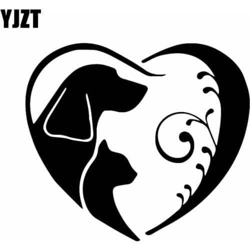 YJZT 14.6X12.9CM Dog And Cat In Fancy Heart Car Sticker Vinyl Car Window Decal Black/Silver C24-1581