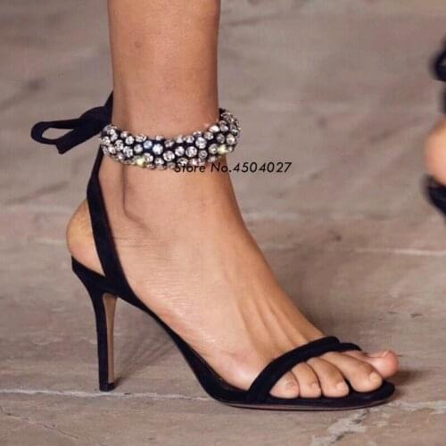 Black Crystal High Heel Sandals Sexy Rhinestone Lace Up Stiletto Heel Women Sandals Elegant Party Shoes Women 9CM