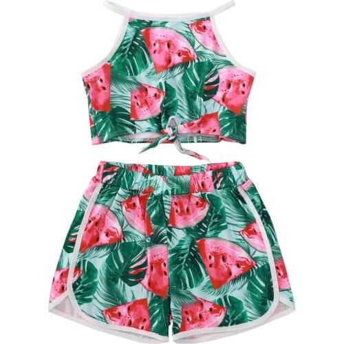Kids Girls Cute Summer Suit Sleeveless Watermelon Print Cropped Vest Tops and Shorts Set for Exercise Sport Casual Sleeping Wear