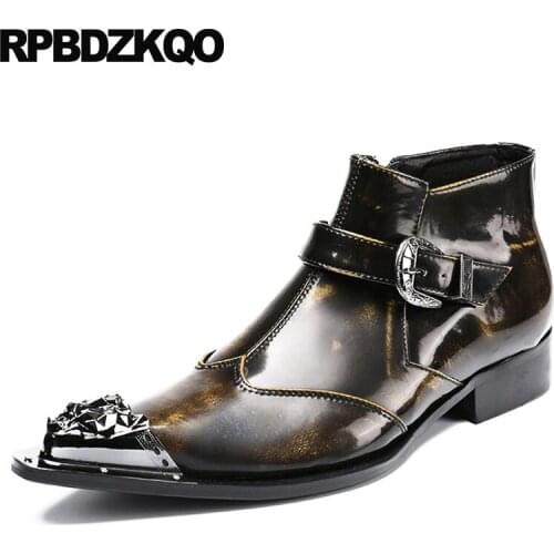 Designer wedding pointed toe metalic formal plus size shoes chunky mens zipper dress boots booties full grain genuine leather
