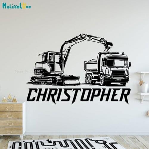 Excavators and Transport Vehicles Vinyl Custom Name Wall Stickers Home Art Boys Room Decor Removable Decals YT6094