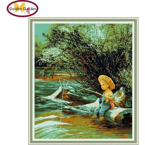 GG Fishing Boy Cross Stitch 11CT 14CT Joy Sunday Kit Art Deco Patterns Embroidery Needlework Set Cross Stitch for Home Decor