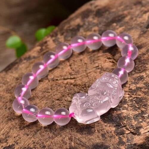 Customized Natural pink Chalcedony Pixiu Beads Bracelet Adjustable Bangle Jewellery Fashion Accessories Hand-Carved Woman Amulet