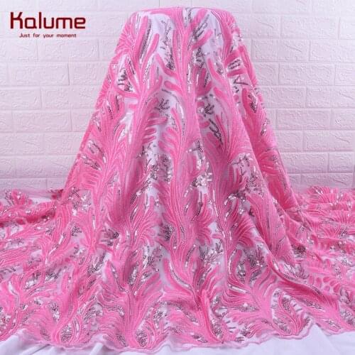 Kalume Fashion African Velvet Lace Fabric pink French Sequins Velvet Mesh Lace Fabric For Nigerian Wedding Party Fabrics F1841