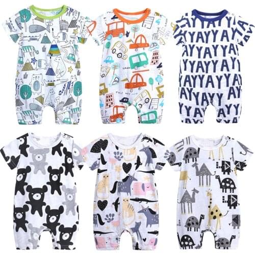 Baby Boys Girls Summer Romper Cotton Newborn Short Sleeve Cartoon Print Overall Infant Pajamas Jumpsuit Toddler Playsuit Clothes