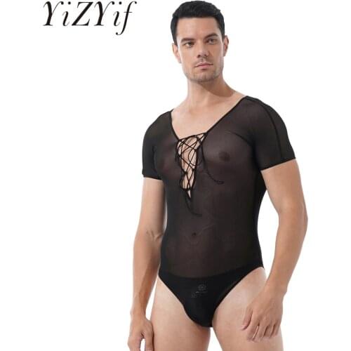 Mens Lingerie Teddies Costume Deep V Neck Bodysuit Crisscross Lace-up Bodysuit See-through Mesh Front Short Jumpsuit Clubwear