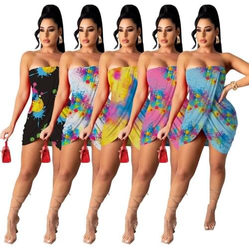 Summer 2021 New Women Sexy Sleeveless Strapless Tie Dye Print Above Knee Mini Sexy Dress