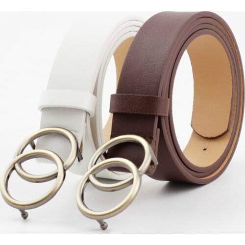 2021 New Double Ring Buckle PU Belt Fashion All-match Retro Casual Double Circle Decorative Belt Women