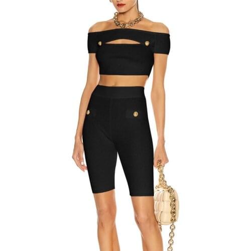 Sexy Bandage Two Piece Shorts Sets Slash Neck Hollow Out Crop Top Nightclub Party Women High Waist Knitted Female Shorts 2021