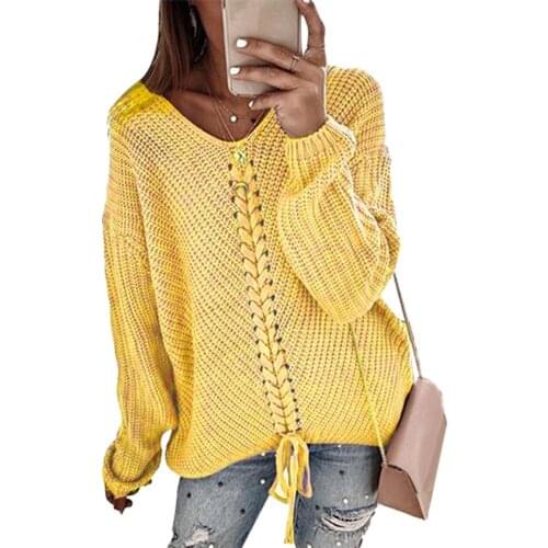 Sweater women Solid Color V Neck Bandage Long Sleeve Sweater Jumper Top Spandex Loose Womens Sweater jersey mujer