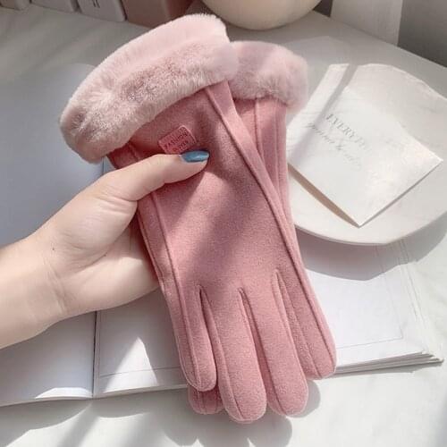 Suede gloves womens winter Plush thickened outdoor cycling gloves new wool mouth touch screen warm gloves