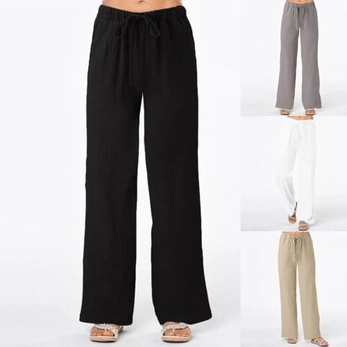 2021 Womens Solid Pants Bandage Pocket Loose Casual Wide Leg Linen Pants Daily Elegant Simple High Quality Pants Dropshipping