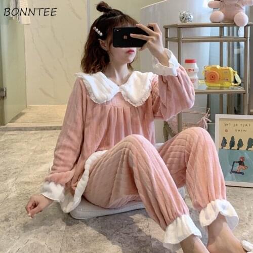 Women Pajama Sets Winter Loose Warm Cute Sleepwear Long Sleeve Turn Down Collar Coral Thicken Plus Velvet Home Clothing Korean