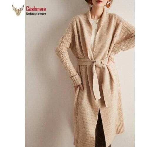 Womens winter sweater 100% cashmere cardigan loose long knit sweater coat thick sweater lace lapel autumn black coat commuting