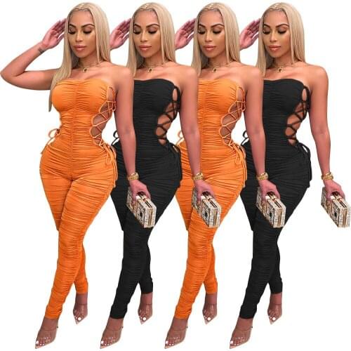 Nightclub Women Hollow Out Jumpsuits Strapless Solid Sleeveless Slash Neck Slimming Waist Bandage Sexy Lady Party Rompers S-2XL