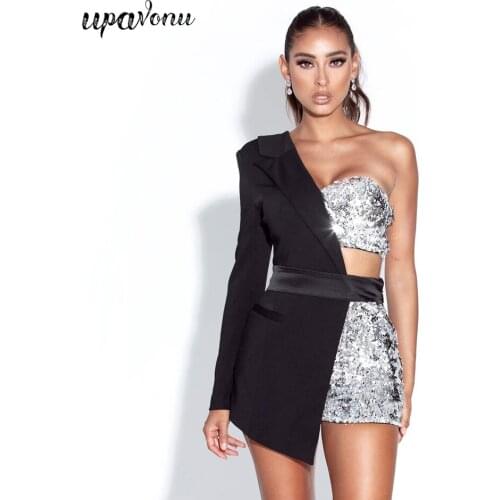 Free Shipping 2021 New Chic One Shoulder Long Sleeve Suit Sequin Jumpsuit V-neck Waist Hollow Bodycon Sexy Nightclub Playsuits
