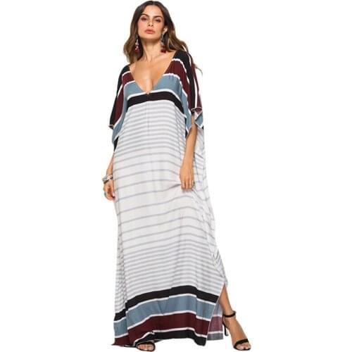 2019 New Spring Summer Dress Fashion Casual Temperament Stripe Large Size Loose Short Sleeve V Neck Long Dress Women ZW191