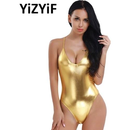 Women Dance Leotard Adult Sexy Bodysuit Patent Leather Spaghetti Shoulder Straps Female Deep V One Piece Thong Monokini Bodycon