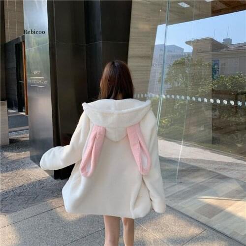 Winter Jacket Women Lovely Ears Hooded Warm And Loose Imitation Fur Plush Solid Long Coat Manteau Femme Hiver Home Clothes