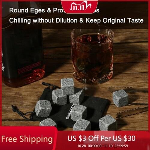 9 Granite Chilling Stones Whiskey Stones Gift Set Whisky Rocks - Reusable Ice Cubes with Tongs Stopper - Best Drinking Gift