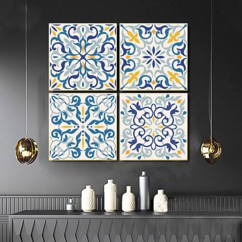 Seamless Patchwork Tile Islam Poster Blue Yellow Azulejo Wall Art Print Canvas Painting Square Picture Living Room Decoration