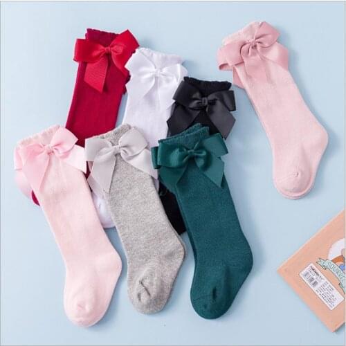 0-7Y Kids Baby Girls Cotton Long Socks Solid Color Big Bow Knee High Stocking Warm Princess Long Socks Leg Warmer