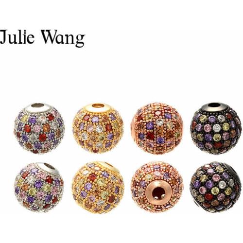 Julie Wang 3PCS 6/8/10mm Round Ball Beads DIY Copper Metal Micro Pave Cubic Zirconia Spacer Beads For Bracelet Jewelry Making