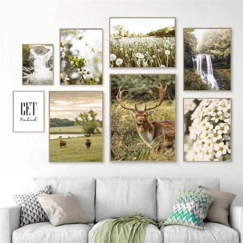 Deer Grass Flower Mountain Lake Waterfall Wall Art Canvas Painting Nordic Posters And Prints Wall Pictures For Living Room Decor