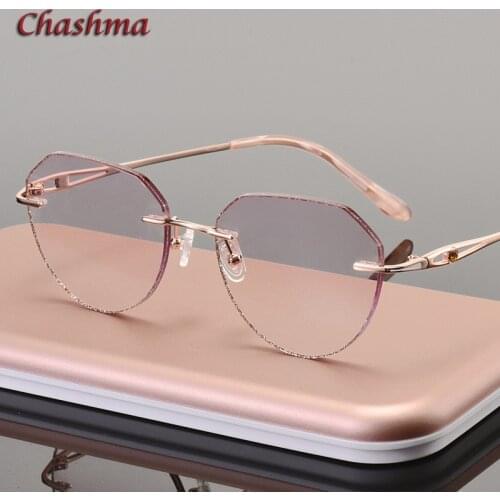 Round Titanium Frame Gray Red Lenses Rimless Glasses Light Frame Women Gradient Glass Prescription Graduation Glasses