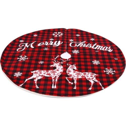 Round Red Black Grid Christmas Tree Skirt Elk Merry Christmas Letter Linen Tree Skirt Home Party Decoration 119cm