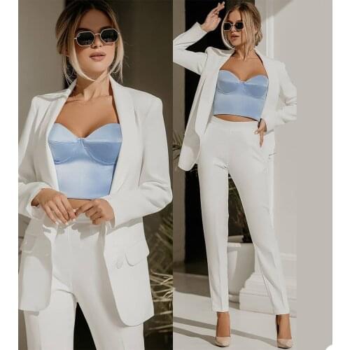 Leisure Women White Blazer Suit Formal Mother of the Bride Suits Outfits Red Carpet Evening Party Wedding Wear(Jacket+Pants)