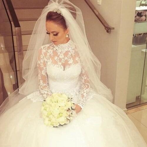 High Collar Muslim A Line Wedding Dress Autumn Spring Modest Princess Lace Bridal Gowns Full Sleeve White Ivory Vestidos