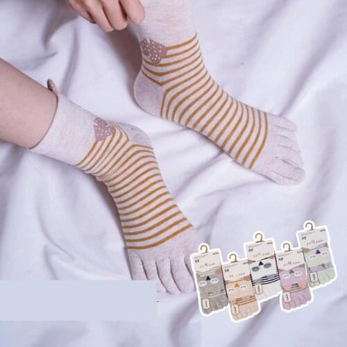 Striped Five Finger Socks Women Adult Cotton Jacquard Brown Cute Split Toe Socks Female Kawaii Socks Set