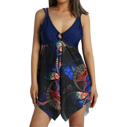 Casual Two-piece Swimsuits Women Printed Suspender V-Neck Swimming Dress and Solid Color Shorts for Summer Plus Size Swimwear