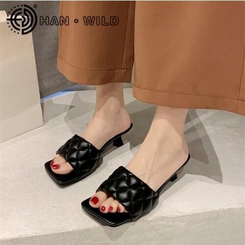 Women Brand Summer Slides Square Head Open Toe Slippers Ladies Slip On Thin Heels Slides Women Mules Female Beach Flip Flops