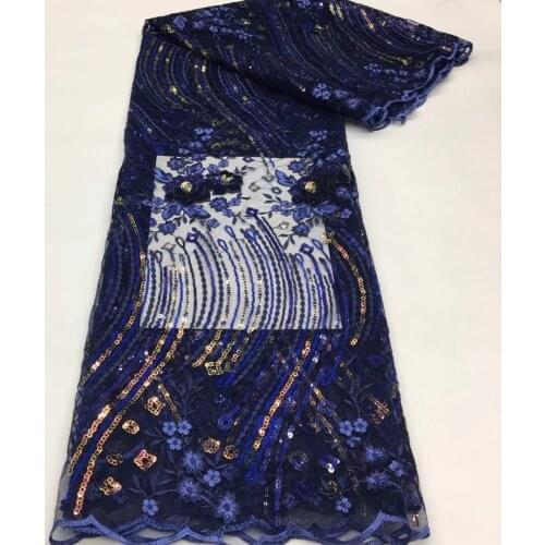 5yarda/pc) High quality navy blue African French net lace sequins embroidered tulle lace fabric for party dress FSS375